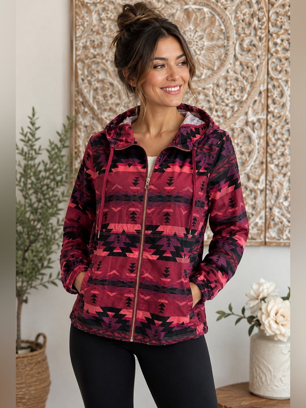 Forever 21 Aztec Windbreaker Hoodie Jacket w/ Pockets- Burgundy, Pink, & Black